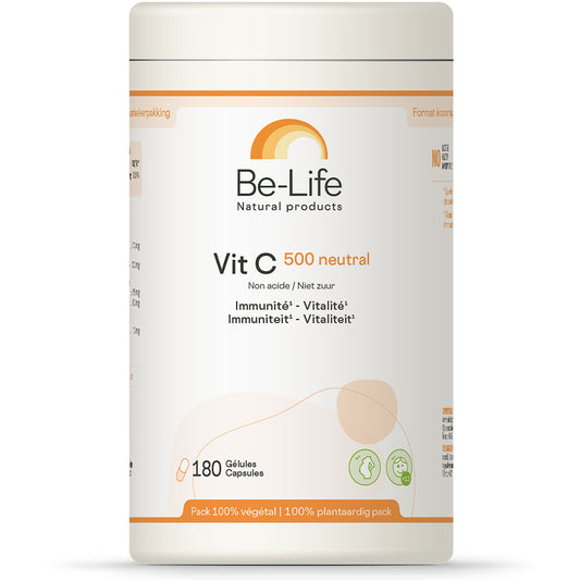 Be-Life Vitamine C 500 neutral multi capsules, 180 count, featuring white capsules in a clear bottle.