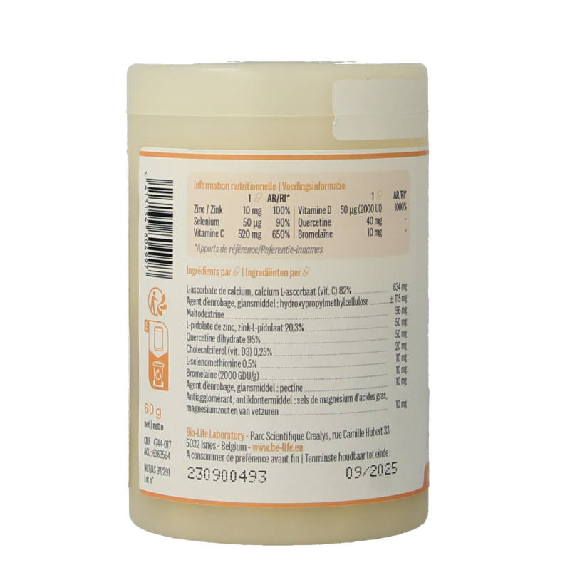 Be-Life Immu Complex 60 capsules, herbal supplement, showing the green bottle with capsules inside and label details.