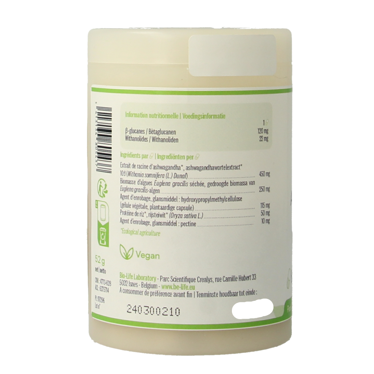 Be-Life Ashwagandha capsules, herbal supplement in a bottle, 60 capsules for stress relief and wellness.