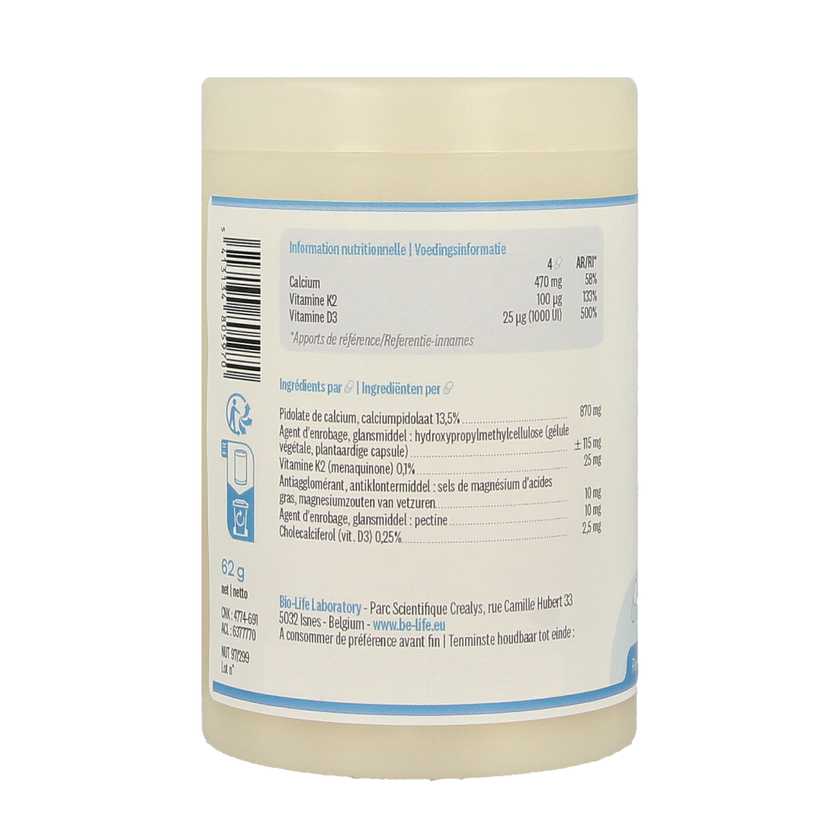Be-Life Calci K2 D3 mineral supplement capsules, showing 60 capsules in a bottle for bone health and calcium absorption.