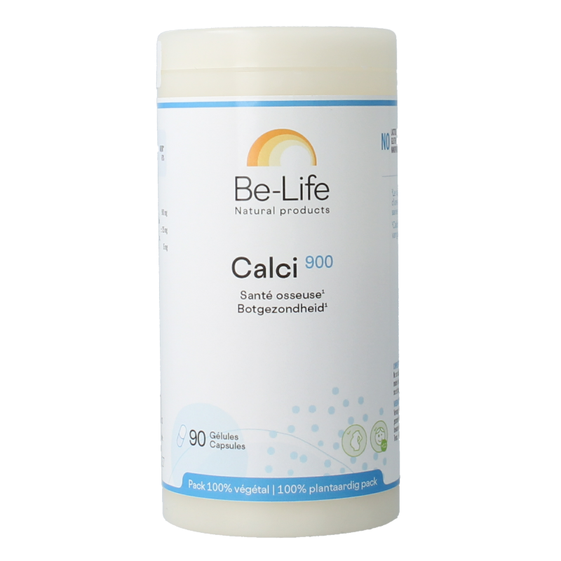 Be-Life Calci 900 mineral capsules, vegetarian supplement, showing the bottle with capsules on a white background.
