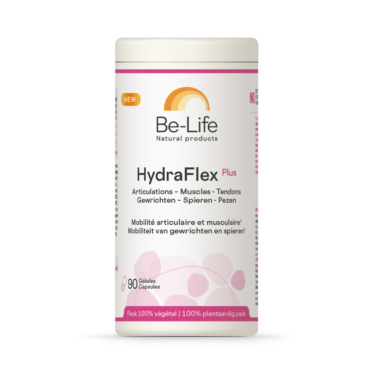 Be-Life Hydraflex Plus herbal supplement capsules in a bottle, featuring natural ingredients for joint and tissue support.
