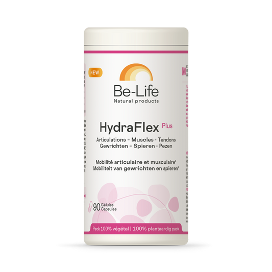 Be-Life Hydraflex Plus herbal supplement capsules in a bottle, featuring natural ingredients for joint and tissue support.