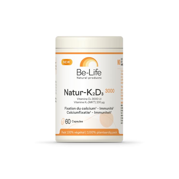 Be-Life Natur K2D3 3000 multivitamin capsules with vitamin D3 and K2, showing the bottle and label.