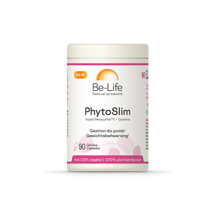 Be-Life Phytoslim 90 capsules, herbal supplement in a white bottle with label, used for herbal health support.