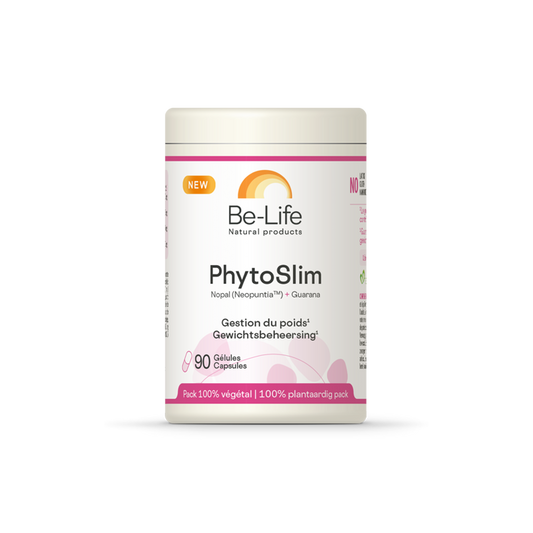 Be-Life Phytoslim 90 capsules, herbal supplement in a white bottle with label, used for herbal health support.