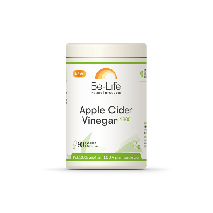 Be-Life Apple Cider Vinegar capsules in a bottle, herbal supplement from Kruidenpreparaten line, with label visible.