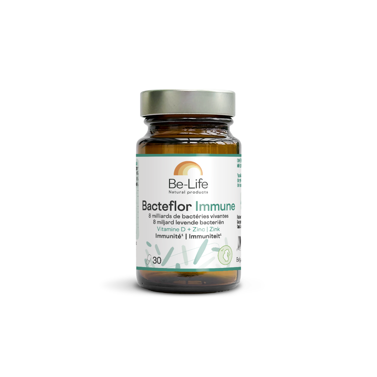 Be-Life Bacteflor immune capsules containing micro-organisms, shown in a bottle with 30 capsules, supplement for immune support