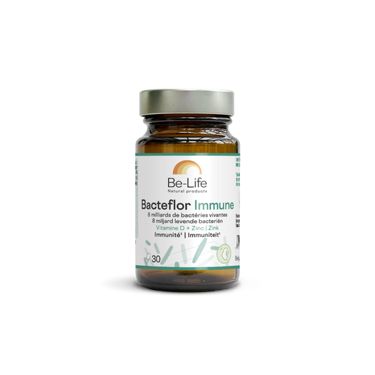 Be-Life Bacteflor immune capsules containing micro-organisms, shown in a bottle with 30 capsules, supplement for immune support