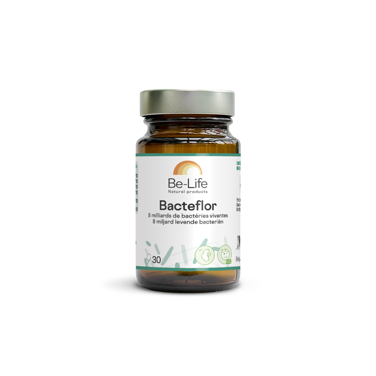 Be-Life Bacteflor micro-organismen capsules, showing a close-up of the 30-capsule bottle and label for digestive health.
