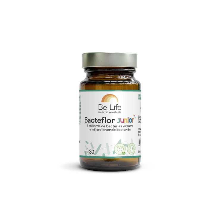 Be-Life Bacteflor Junior probiotic capsules with micro-organisms, designed for children’s digestive health.