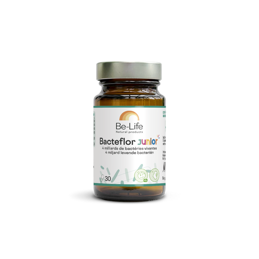 Be-Life Bacteflor Junior probiotic capsules with micro-organisms, designed for children’s digestive health.