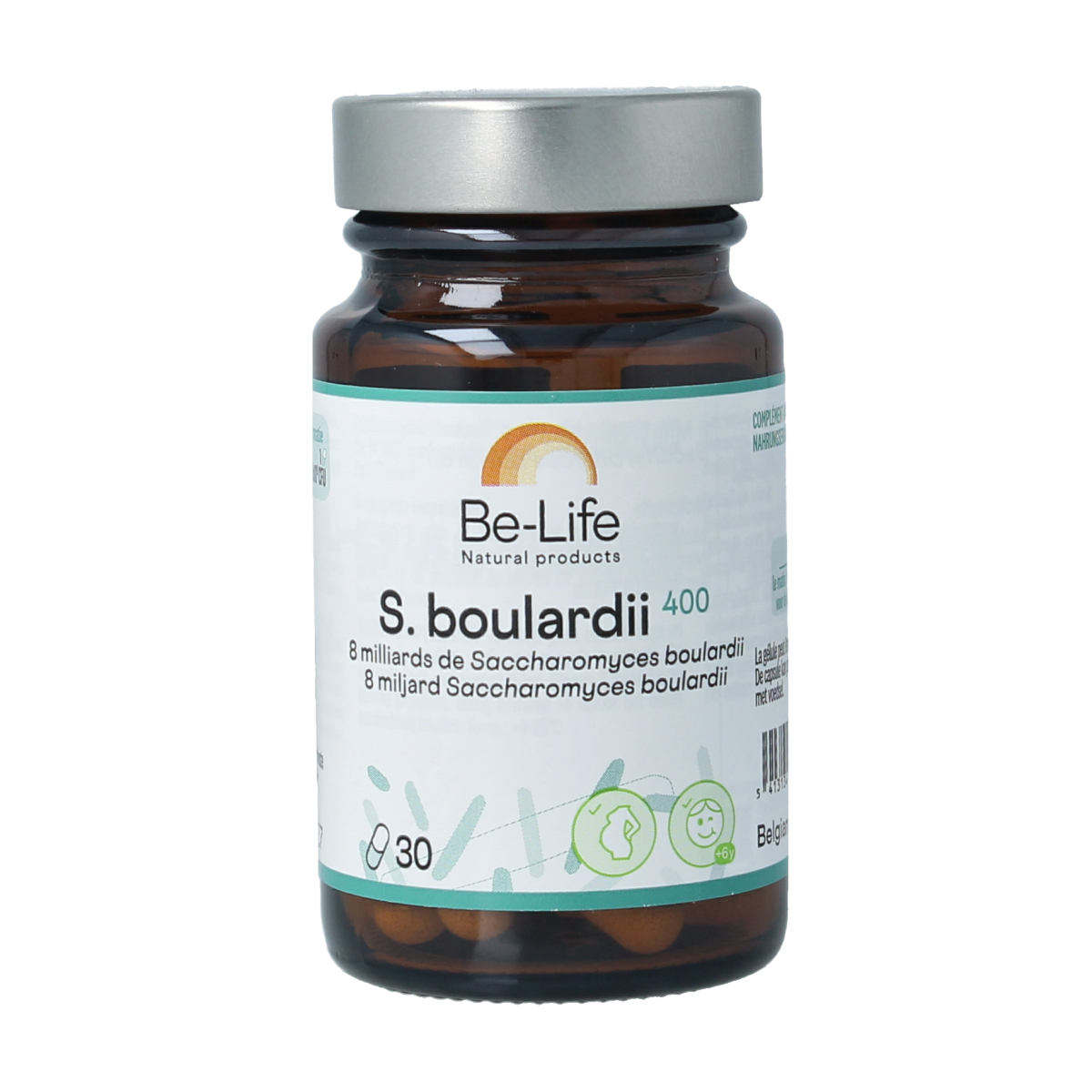 Be-Life S Boulardii 400 capsules, probiotic micro-organisms supplement, showing a close-up of the capsule bottle and capsules.