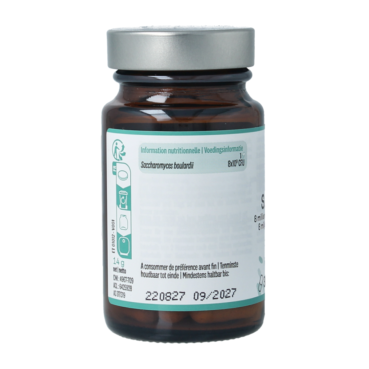 Be-Life S Boulardii 400 capsules, probiotic supplement with micro-organisms in a clear bottle.