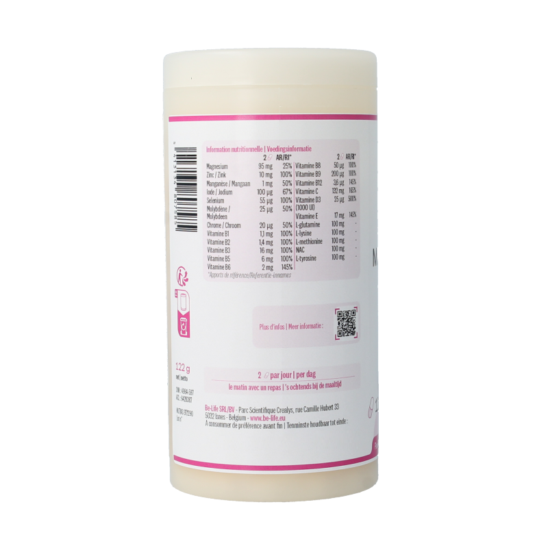 Be-Life multivitamine plus 120 capsules, dietary supplement with various essential vitamins in a clear bottle.
