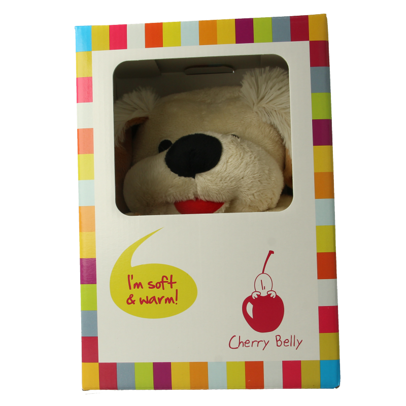 Spruyt Hillen Cherry Belly SR Hond plush toy, soft stuffed dog for children, featuring red cherry design and detailed fabric.