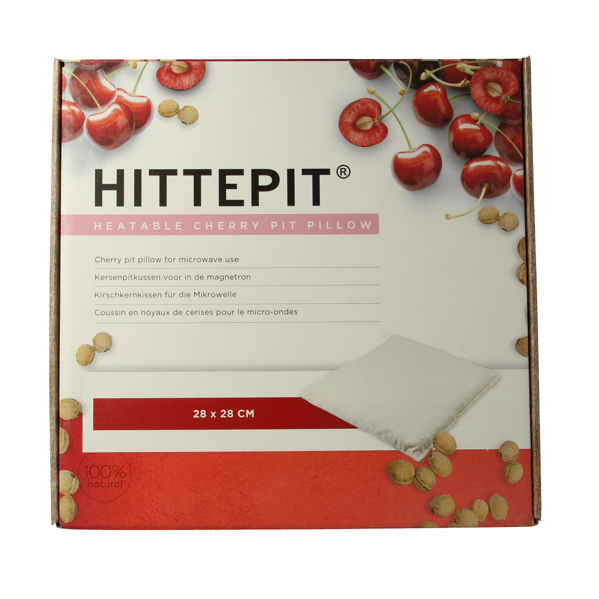 Square Hittepit cherry pit bag for heating or cooling, featuring the Hittepit brand logo and attractive packaging design.