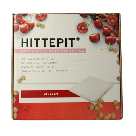 Square Hittepit cherry pit bag for heating or cooling, featuring the Hittepit brand logo and attractive packaging design.