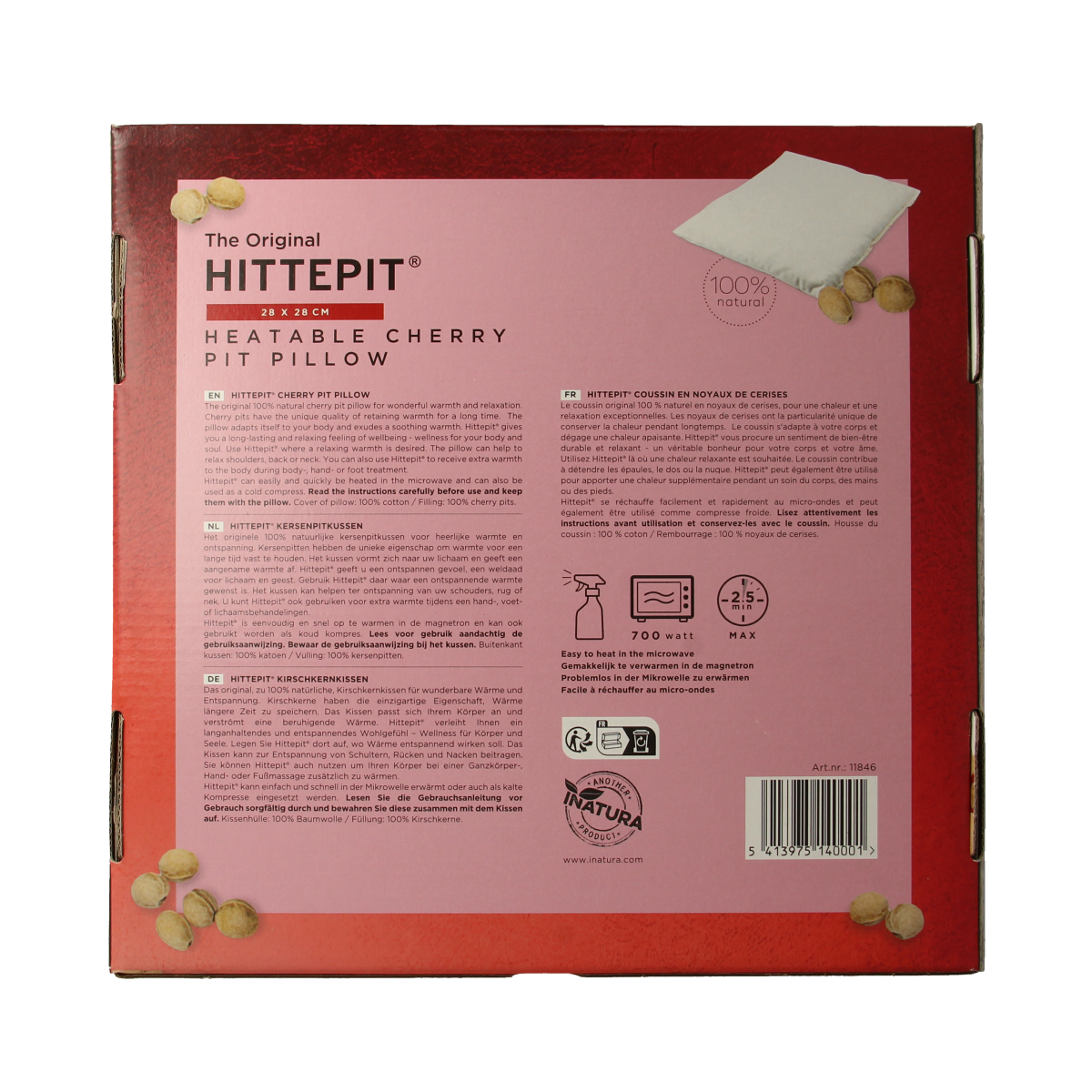 Hittepit Vierkant kersenpitjes kruiken in packaging, natural product for heat therapy from the Hittepit brand.