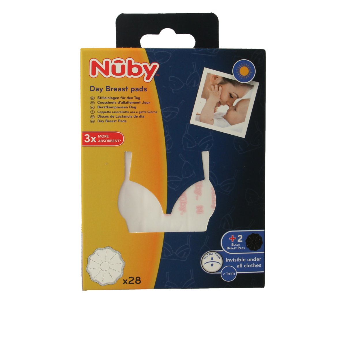 Nuby ultra-thin breastfeeding nipple shields in a pack of 28, designed for comfortable breastfeeding during postpartum.