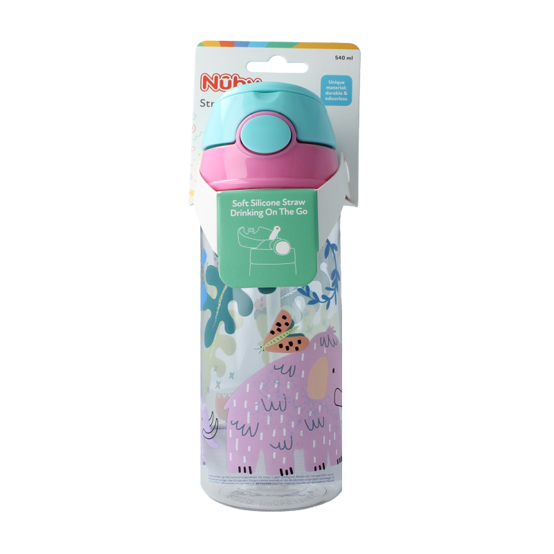 Nuby roze kinder beker met zacht rietje en drukknop, 540ml, geschikt voor kinderen 4 jaar en ouder, 1 stuk