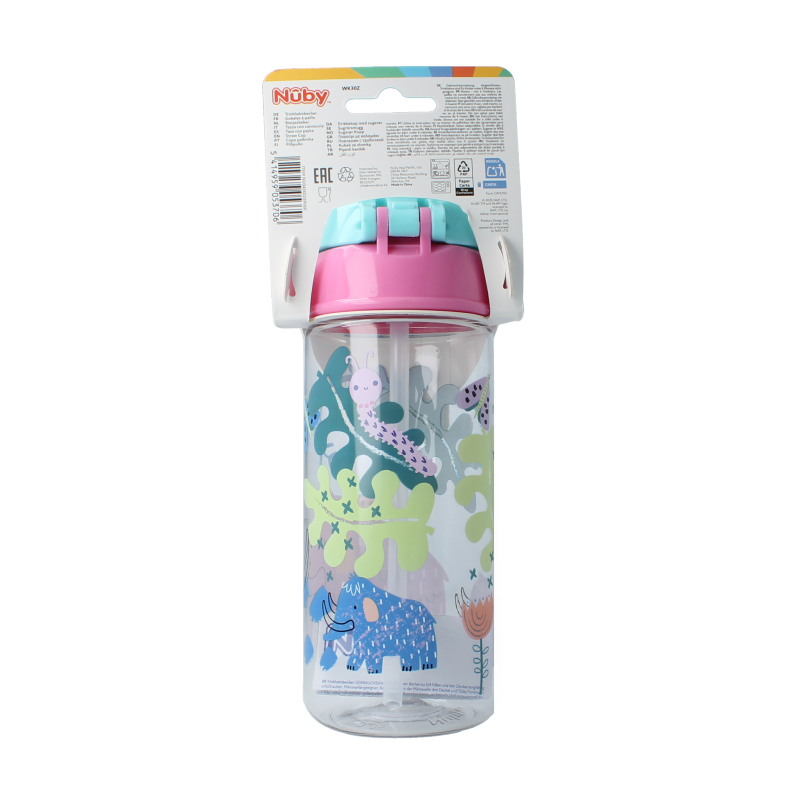 Pink Nuby toddler cup with soft straw and push button, 540ml capacity, suitable for children 4+ years, shown with a pink lid.