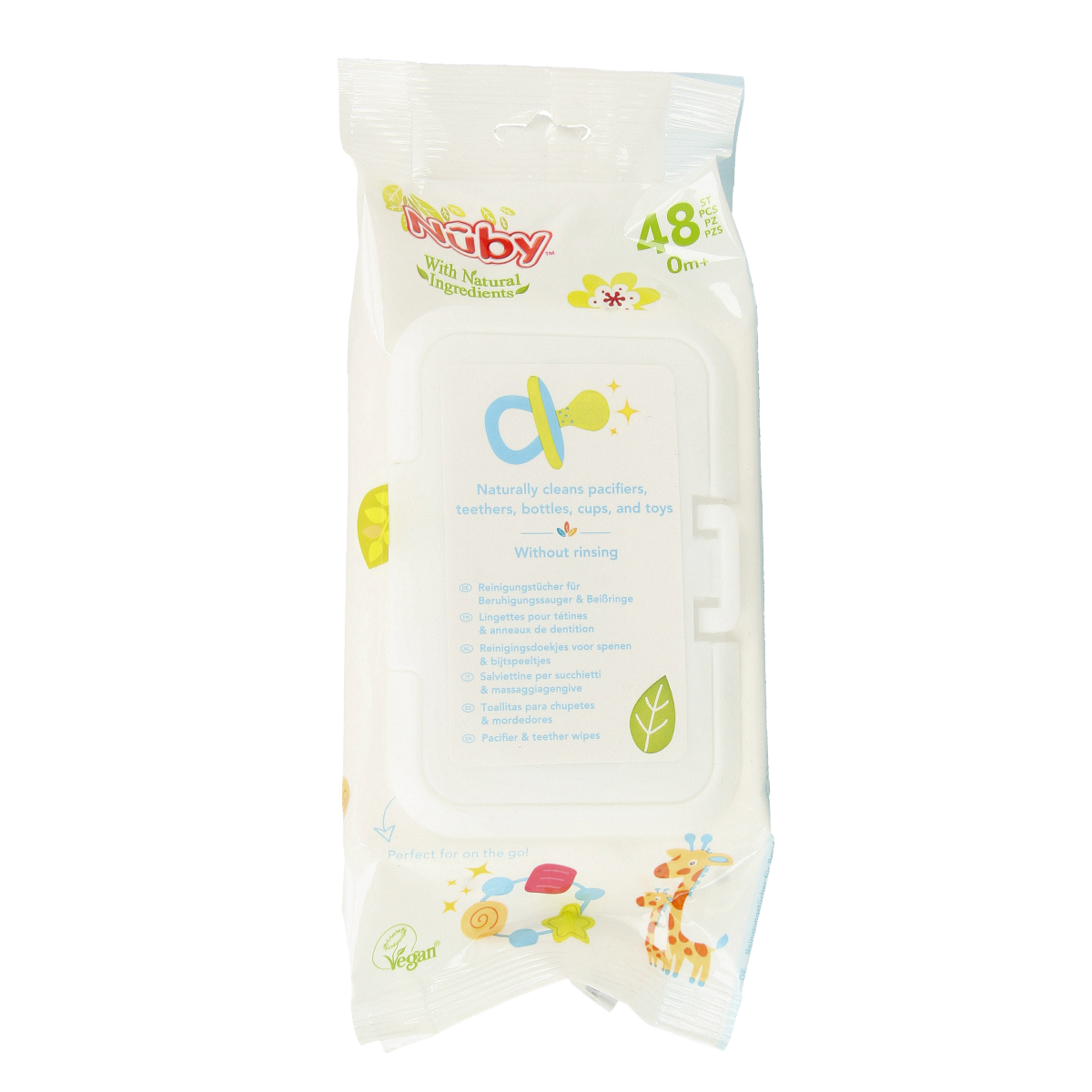 Nuby baby teething and pacifier wipes packet with 48 disposable wipes for soothing and cleaning infants and toddlers.