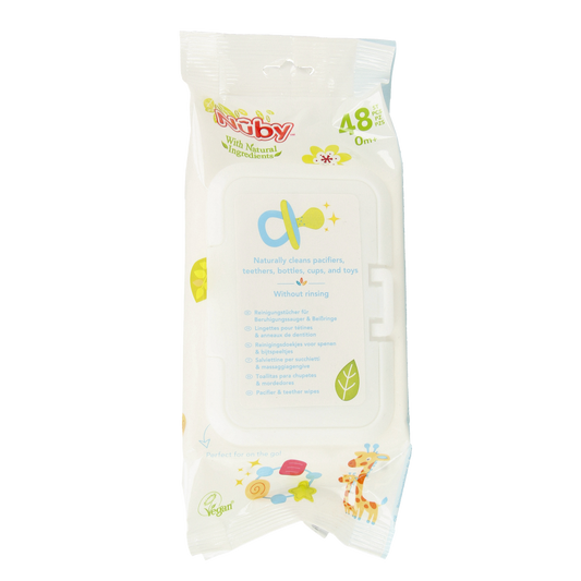 Nuby baby teething and pacifier wipes packet with 48 disposable wipes for soothing and cleaning infants and toddlers.