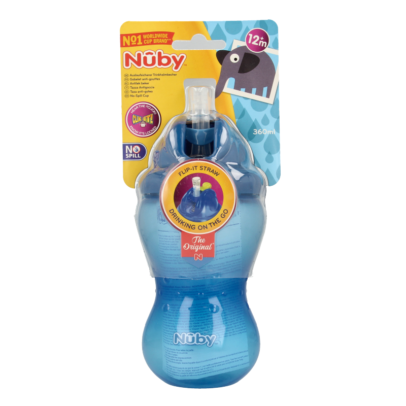 Blue Nuby Flip it 360ml sippy cup for toddlers 12+ months, with spill-proof design, shown in the image.