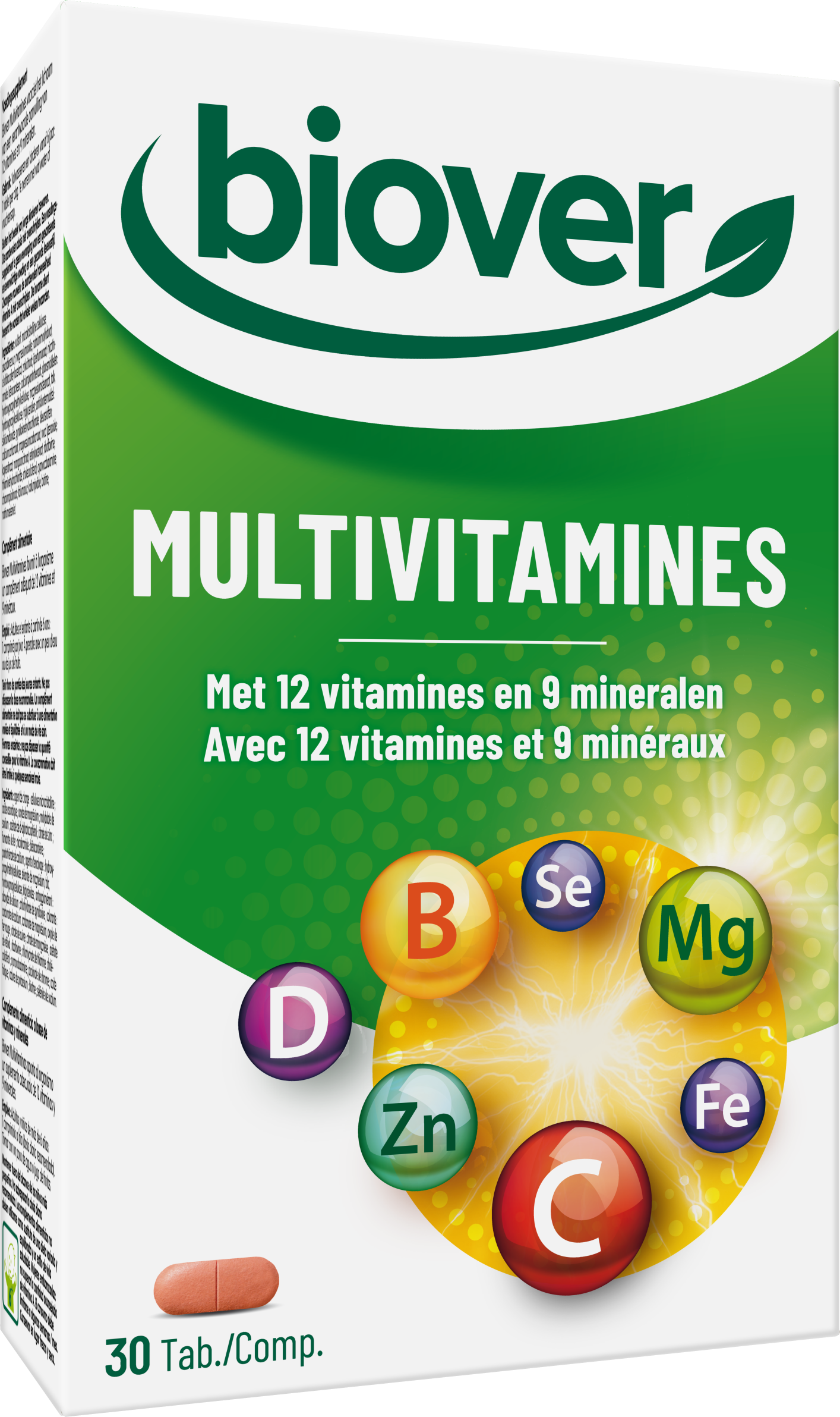 Biover multivitamin tablets in a blister pack, showing 30 dietary supplement tablets for daily vitamin intake.