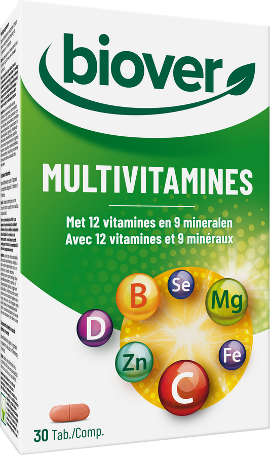 Biover multivitamin tablets in a blister pack, showing 30 dietary supplement tablets for daily vitamin intake.