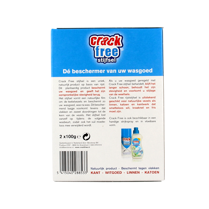 Crackfree Stijfselpoeder 2x100g, wasmiddelen product, white powder in packaging, designed for laundry stain removal.