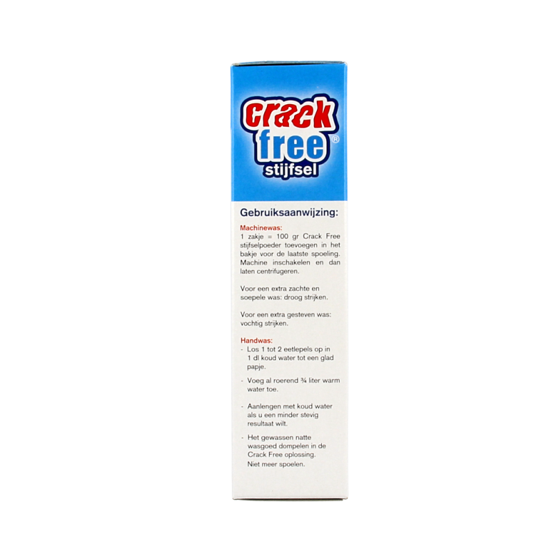 Crackfree Stijfselpoeder, 2 x 100g, wasmiddelen product in a clear plastic container with label and measuring scoop.