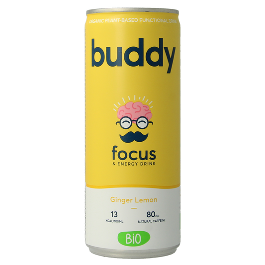 Bottle of Buddy Drink ginger and lemon bio, 250ml, natural organic beverage in a clear plastic bottle with a label.
