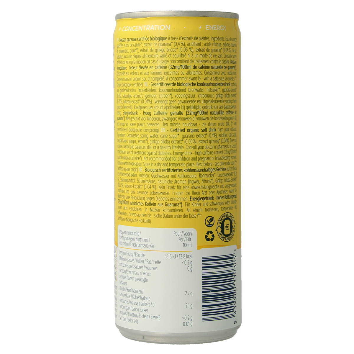 Bottle of Buddy Drink ginger and lemon bio, 250ml, in clear glass with label showing ginger and lemon images.