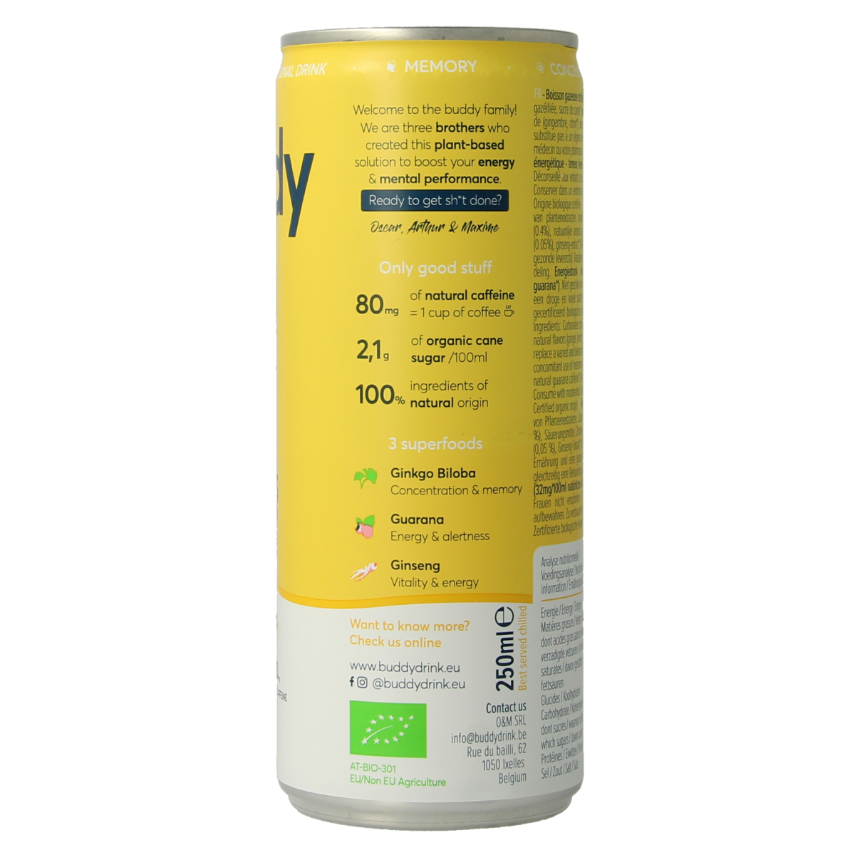 Bottle of Buddy Drink ginger and lemon bio, 250ml, with fresh ginger and lemon slices visible inside the transparent bottle.