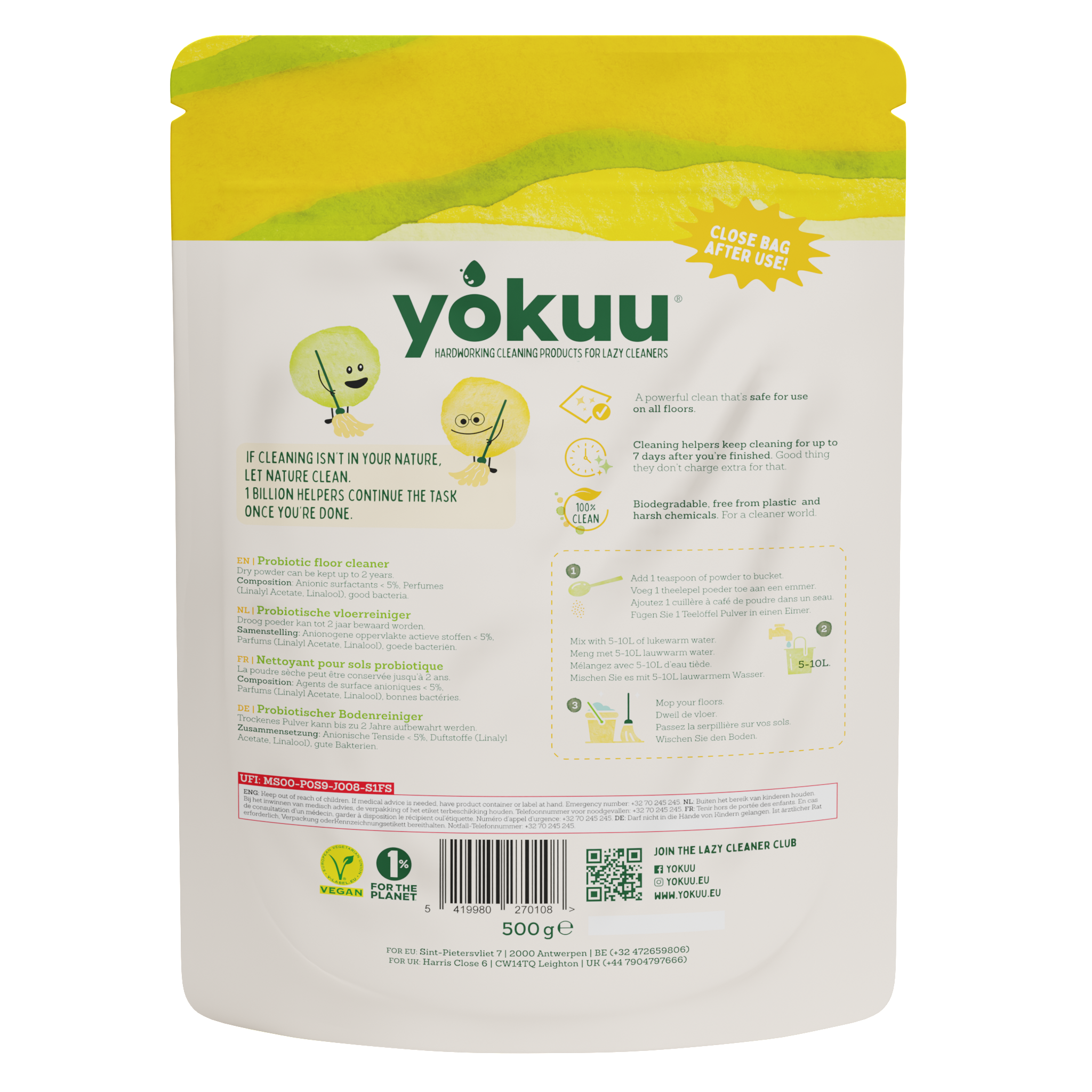 Yokuu Vloerreiniger poeder 500 gram in een open container, schoonmaakartikel voor vloeronderhoud, wit poeder met merklabel