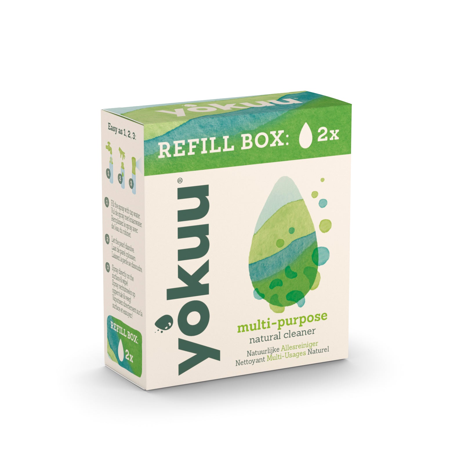 Yokuu Allesreiniger refill pack with two bottles, cleaning supplies for household use, in white bottles with label details.