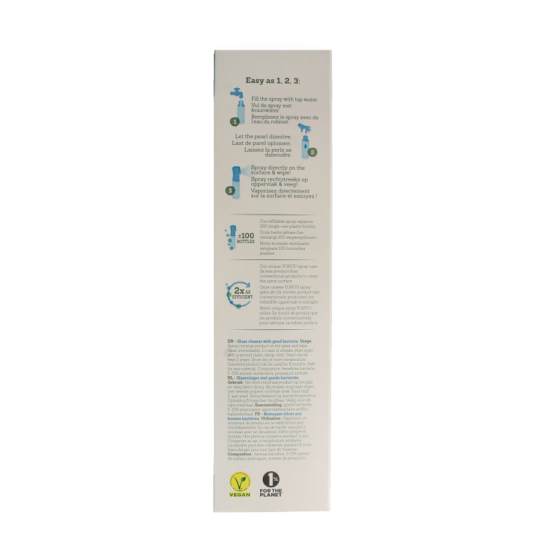 Yokuu Glasreiniger startkit with cleaning spray bottle and cloth for streak-free window and glass cleaning.