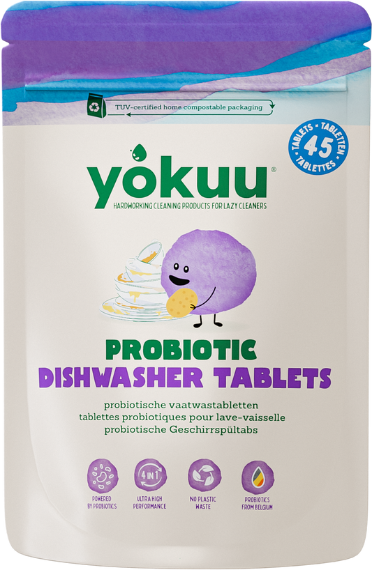 Yokuu afwasmiddelen vaatwastabletten in verpakking met 45 tabletten, geschikt voor schone, glanzende vaat en keukengerei