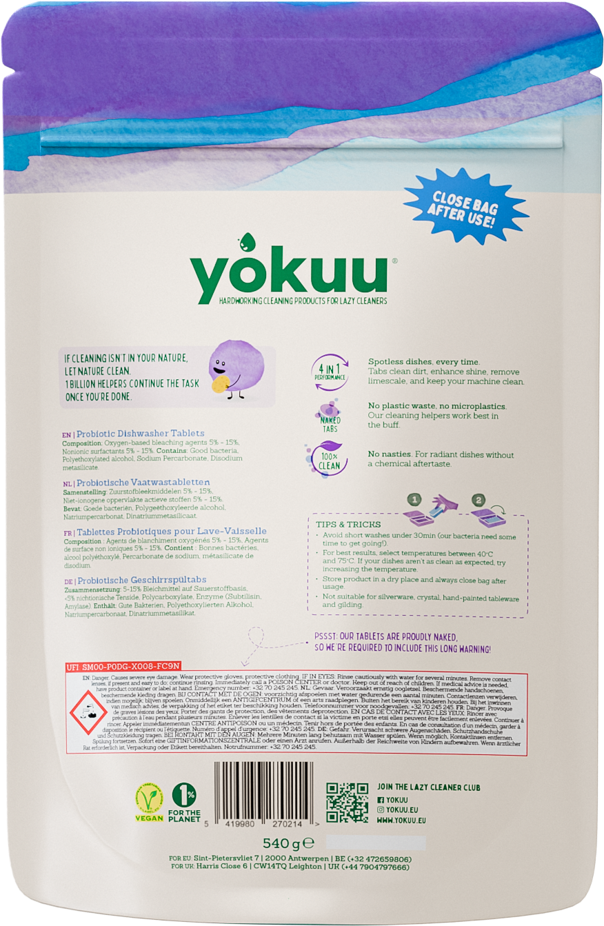 Yokuu Afwasmiddelen vaatwastabletten in verpakking met 45 tabletten, geschikt voor efficiënte afwas en glanzende resultaten
