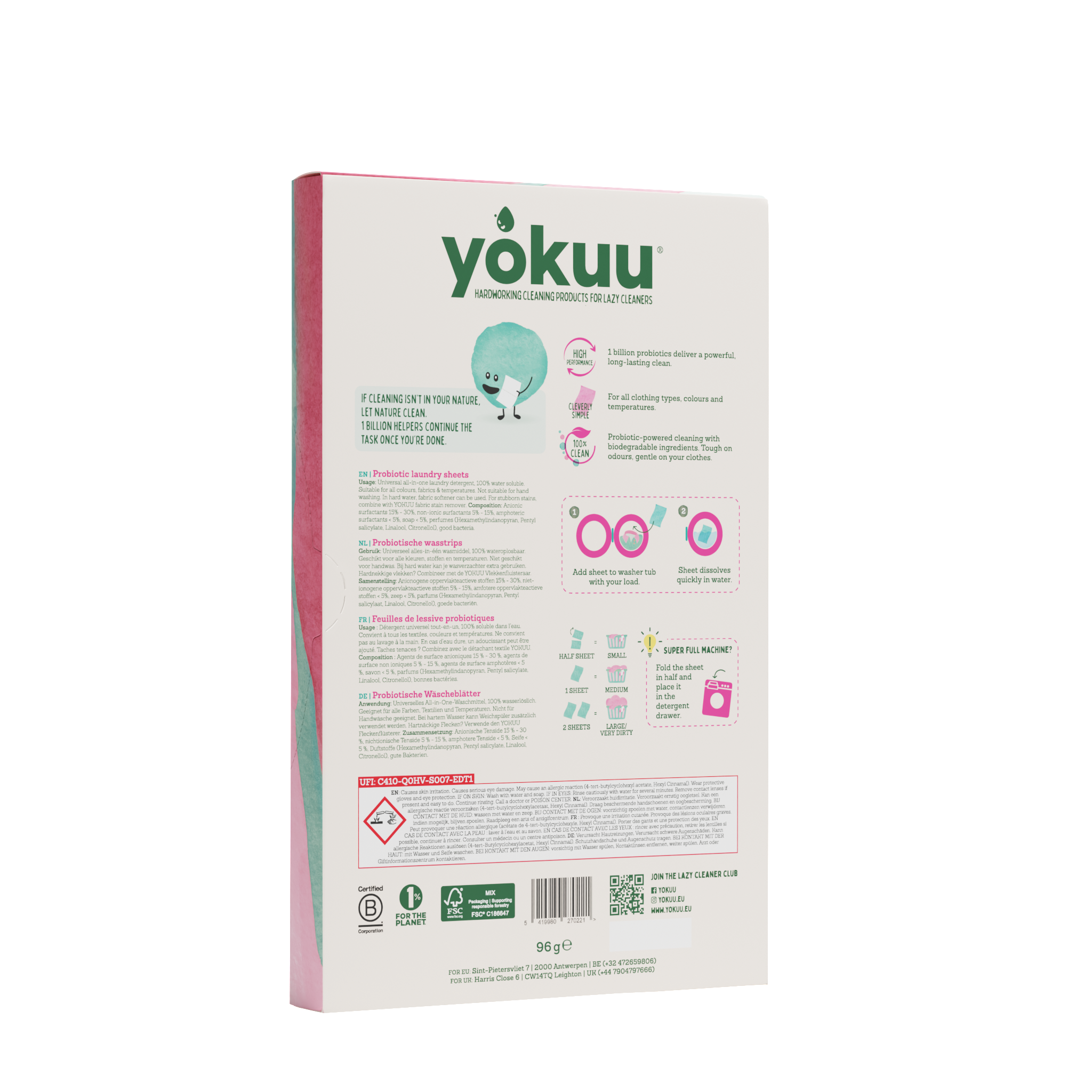 Yokuu Wasstrips summer flowers laundry detergent strips, 96 grams, with colorful floral design on packaging.