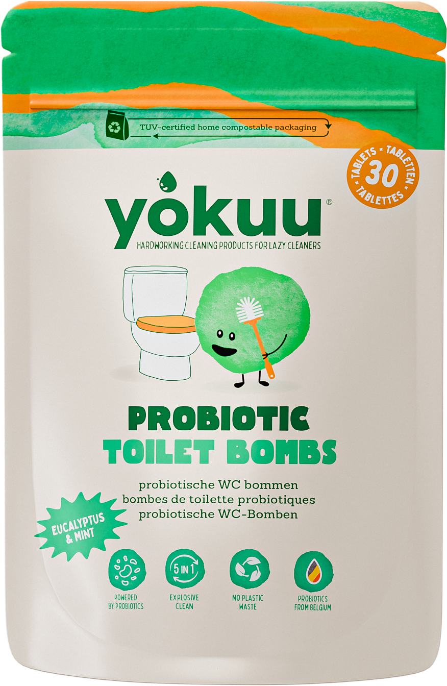 Yokuu Toilet Bomb probiotic tablets for bathroom cleaning, showing a close-up of the packaging with 30 tablets inside.