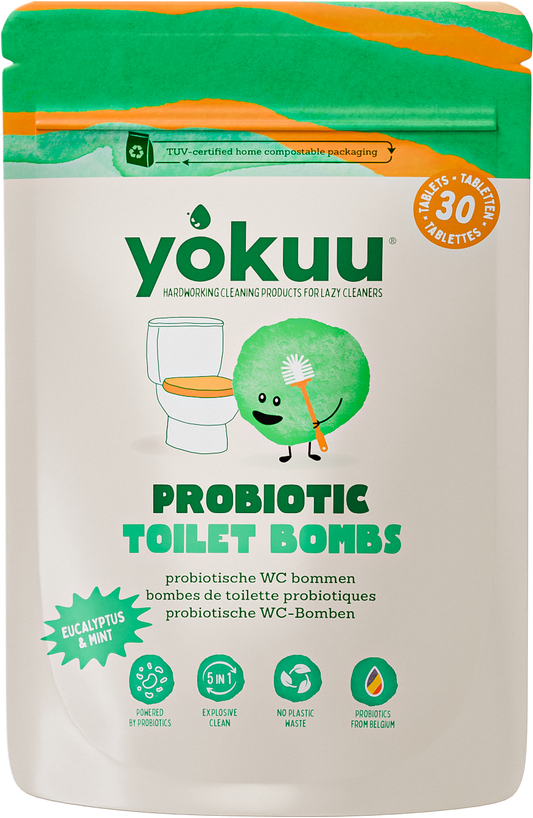 Yokuu Toilet Bomb probiotic cleaning tablets in a container, used for bathroom sanitation and freshening toilets.