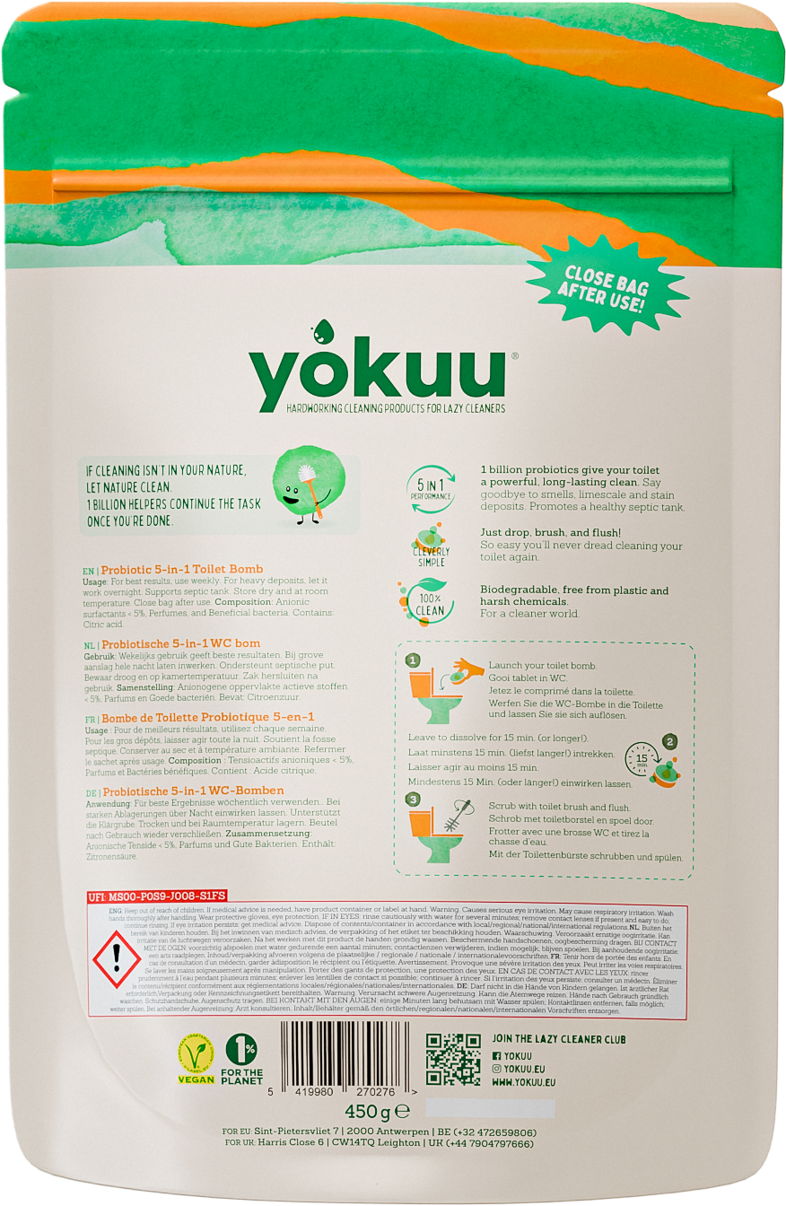 Yokuu Toilet bomb probiotic tablets for cleaning, featuring 30 tablets in a white and green packaging.