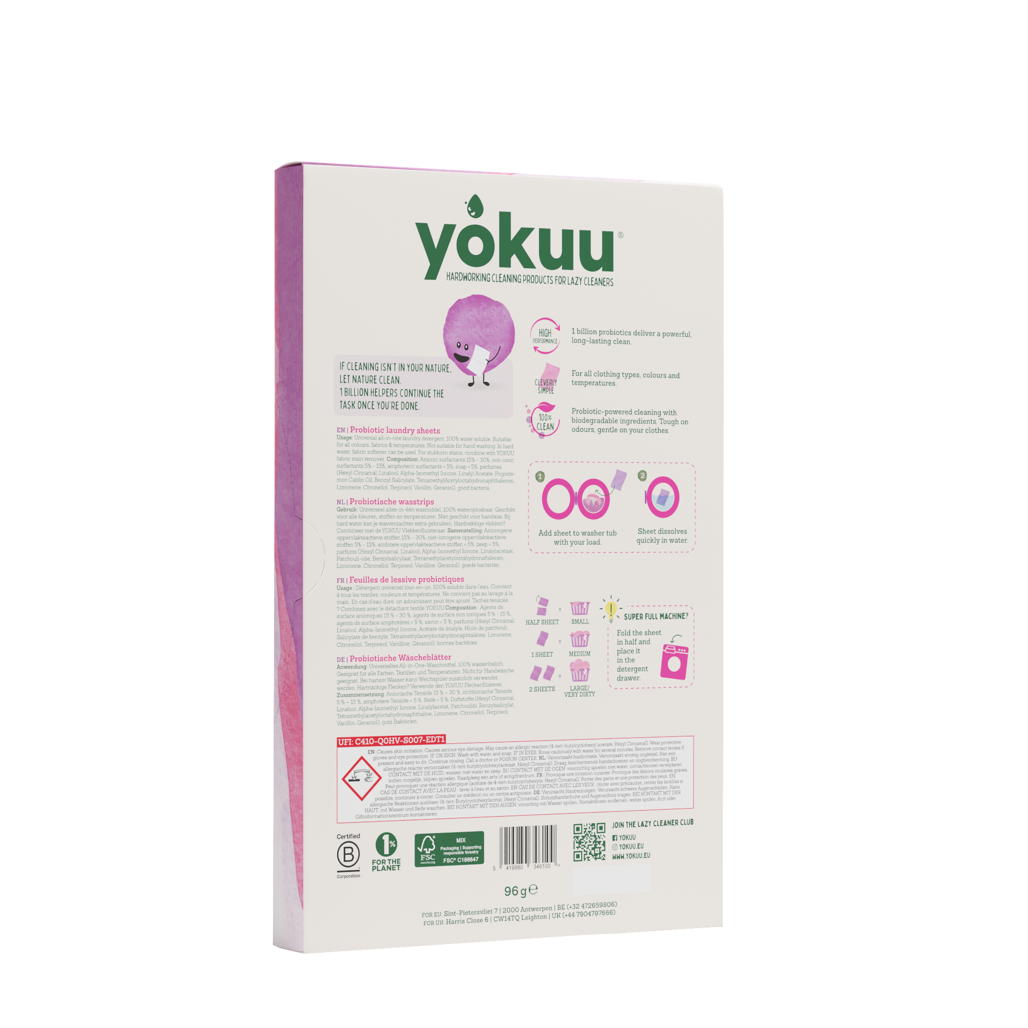 Yokuu Wasstrips cherry blossom laundry detergent strips in a 96g package, designed for effective and gentle washing.