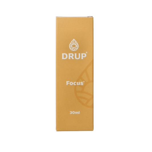 DRUP Kruiden paddenstoelextract focus 30ml in a dark glass bottle, herbal supplement for supporting health and wellness.