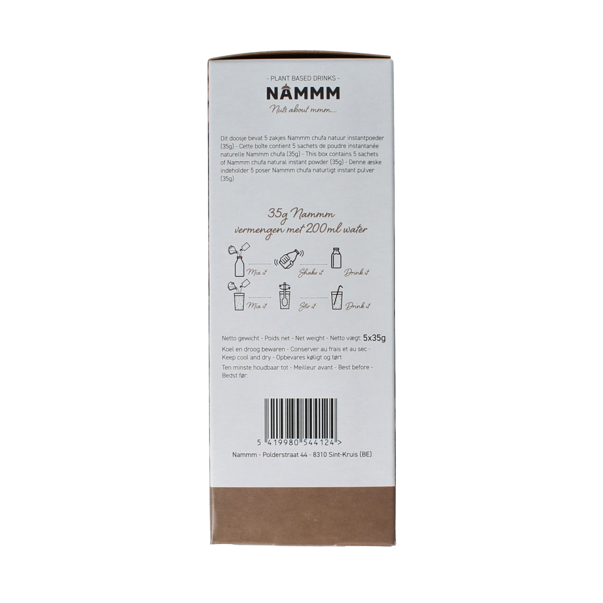 Nammm Chufa drink sachets in a pack, featuring golden packaging for refreshing nut-based beverage from the Dranken en Sappen category.