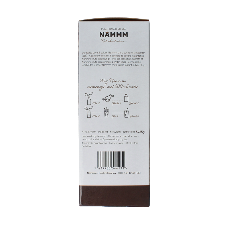Nammm Chufa drink cacao sachets, creamy nut-based beverage with cocoa, in 5 individual sachets, for a tasty, dairy-free drink.