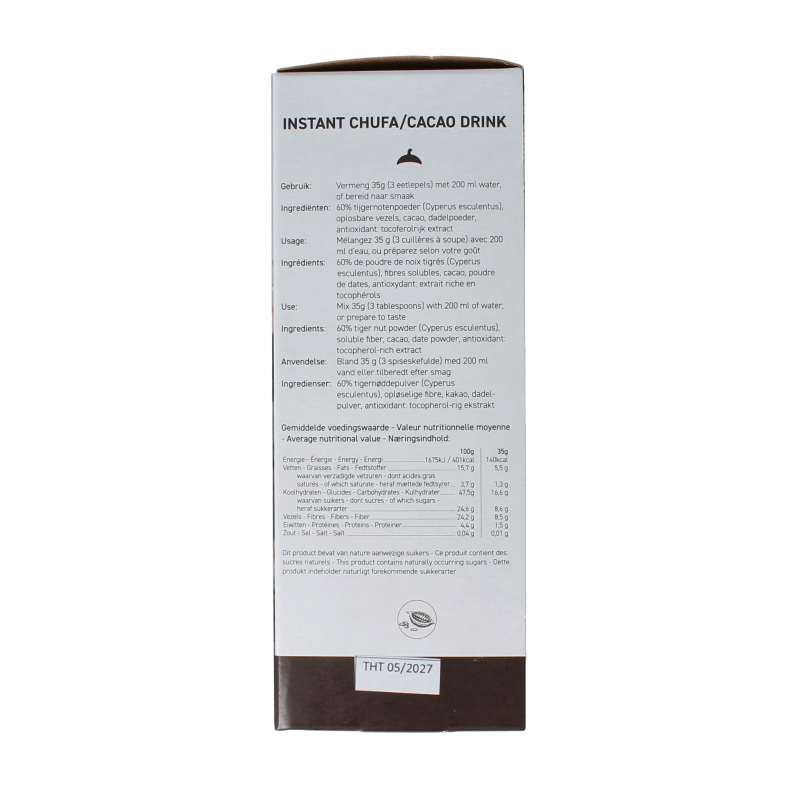 Nammm Chufa drink cacao sachets, creamy plant-based beverage with cocoa flavor, in a pack of five sachets.